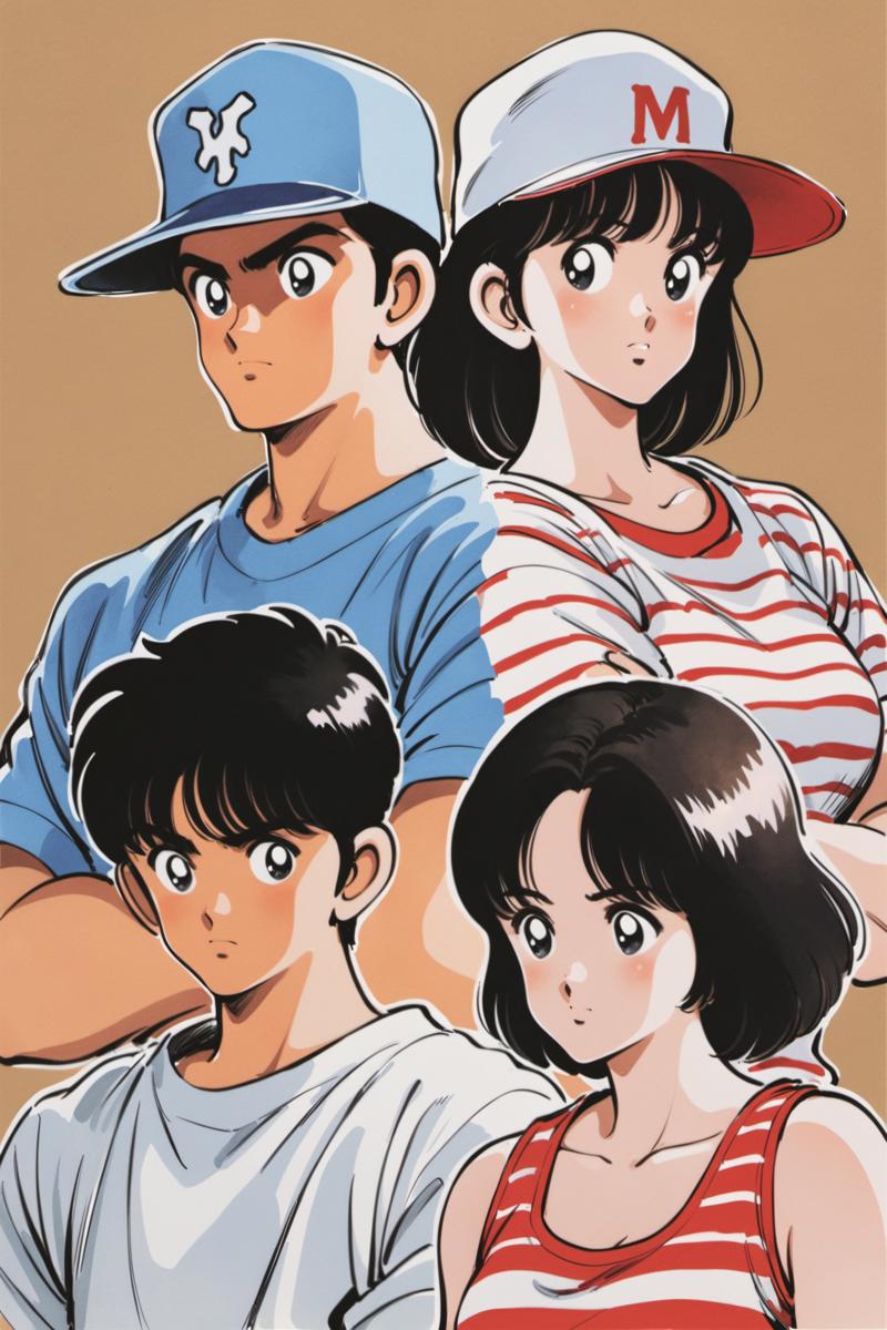 23644-3118068102-hat, 2girls, multiple girls, black hair, multiple boys, 2boys, baseball cap, short hair, shirt, tank top, upper body, striped, s.png